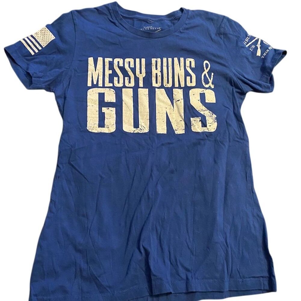 Grunt Style Women's Messy Buns & Guns T-Shirt Blue Size L Casual Top